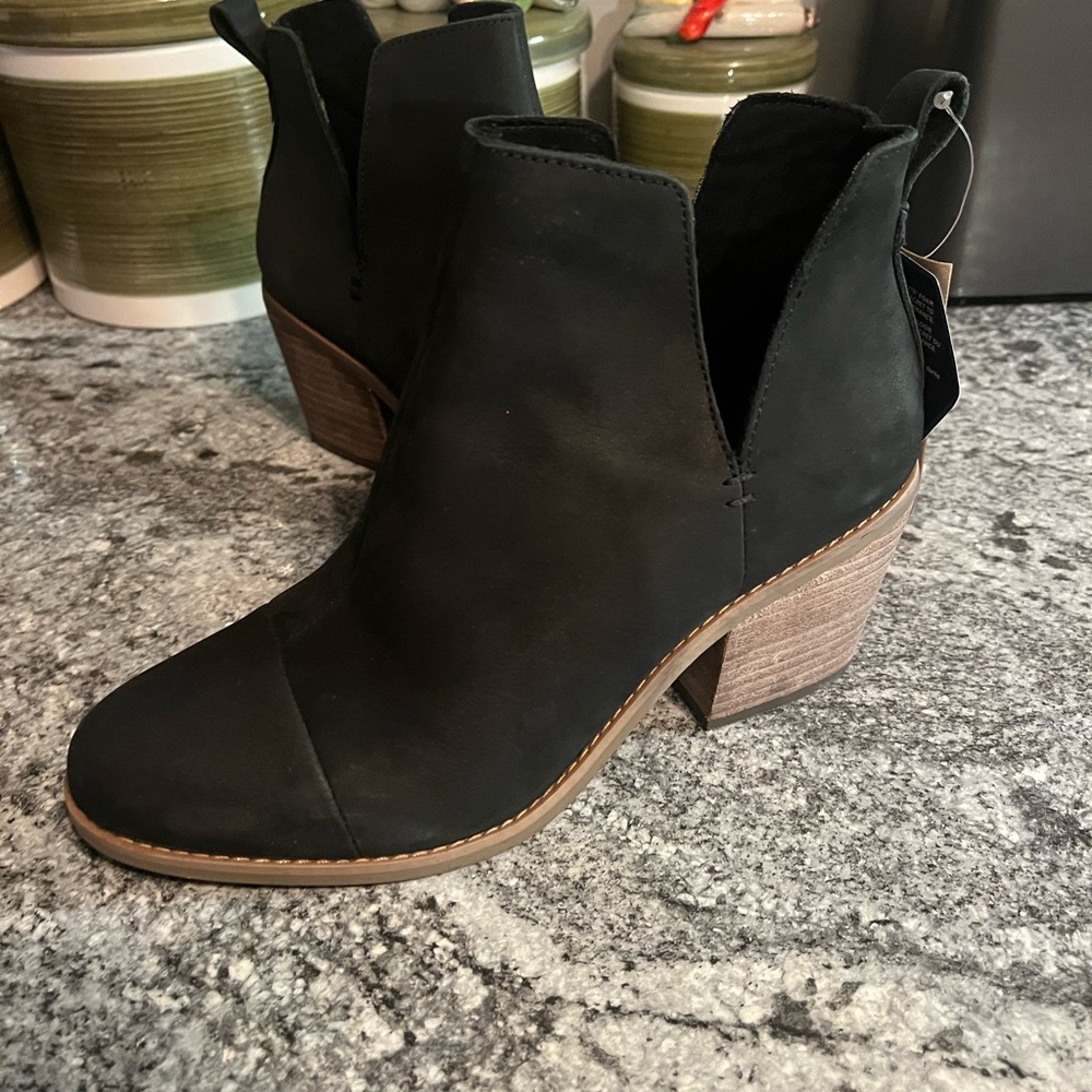 Toms Black Nubuck Cutout Ankle Booties with Wood Block Heel